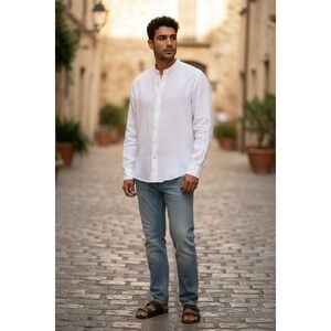 Perry Ellis Men Linen Blend Band Collar Shirt Long Sleeve Casual XL